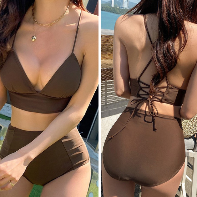 細肩深V後交叉高腰兩件式泳衣