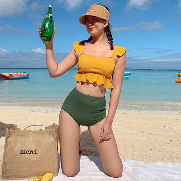 荷葉花邊高腰兩件式泳衣