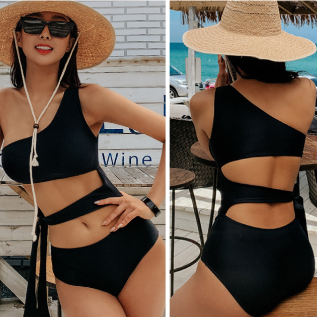 單肩鏤空綁繩連身泳衣