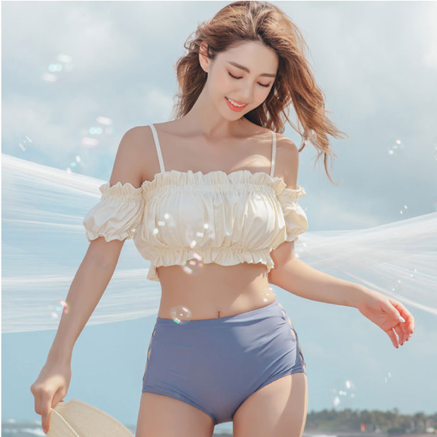 一字領抓皺側挖空高腰三件式泳衣