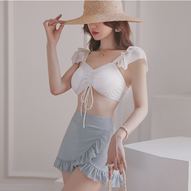 荷葉袖抽繩不規則魚尾高腰裙兩件式泳衣