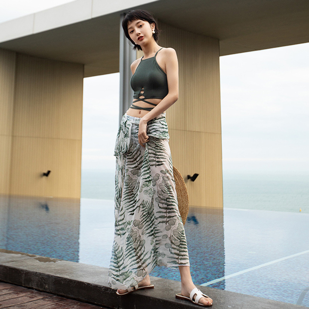 削肩長裙三件式泳衣