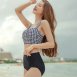 方格顯胸寬肩帶高腰兩件式泳衣