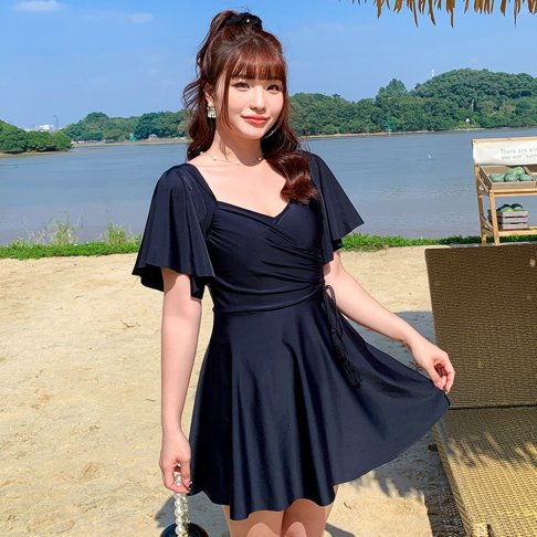 氣質荷葉袖修身裙裝連身泳衣