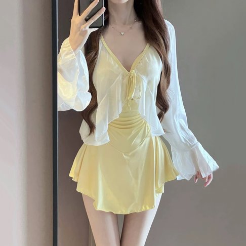 甜心奶油風長袖兩件式連身泳衣