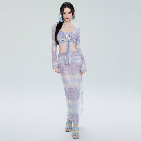 紫色夢幻暈染網美風長裙四件式泳衣