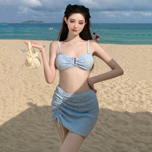 甜美提花褶皺平口裙裝三件式泳衣