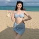 甜美提花褶皺平口裙裝三件式泳衣