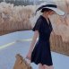 短袖交叉網紗美背連身泳衣