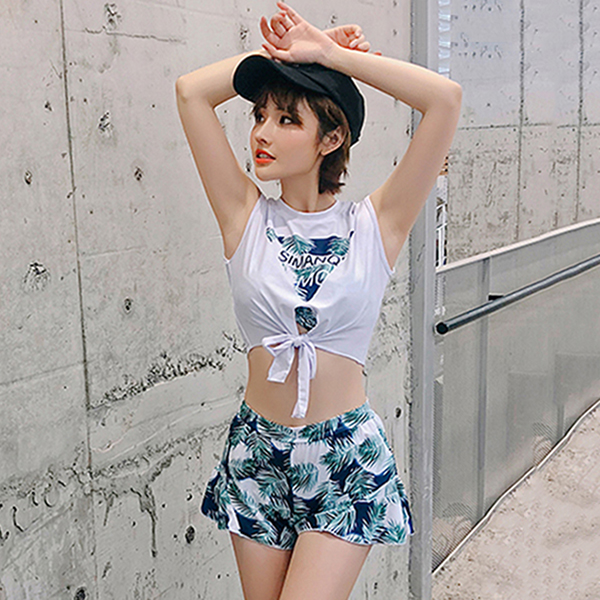 無袖短T休閒風褲裝四件式泳衣