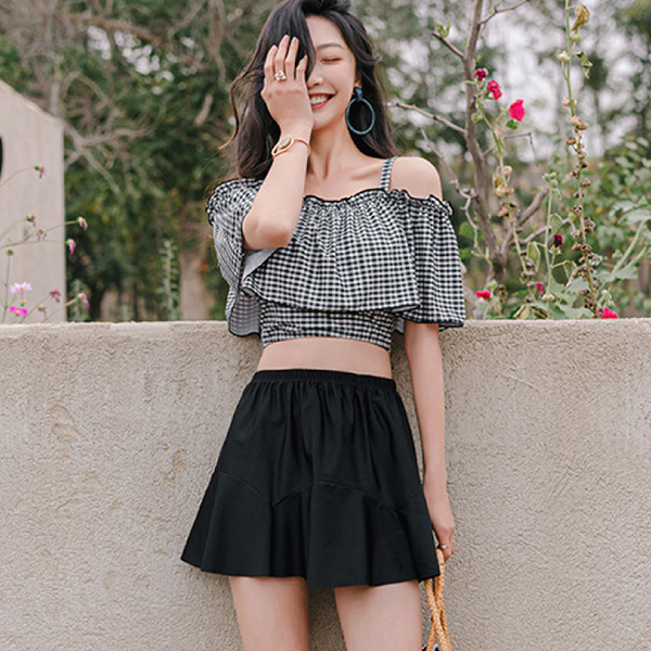 一字格紋荷葉邊綁繩三件式泳衣