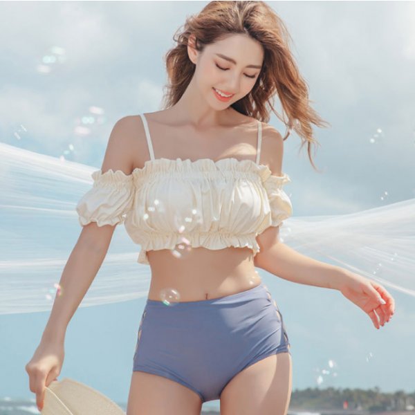 一字領抓皺側挖空高腰三件式泳衣